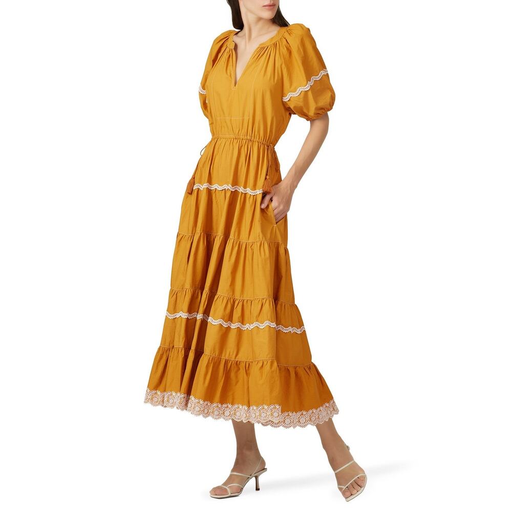 Ulla Johnson Claribel Mustard Cotton Lace Trim Puff Sleeve Tiered Tea Dress 8